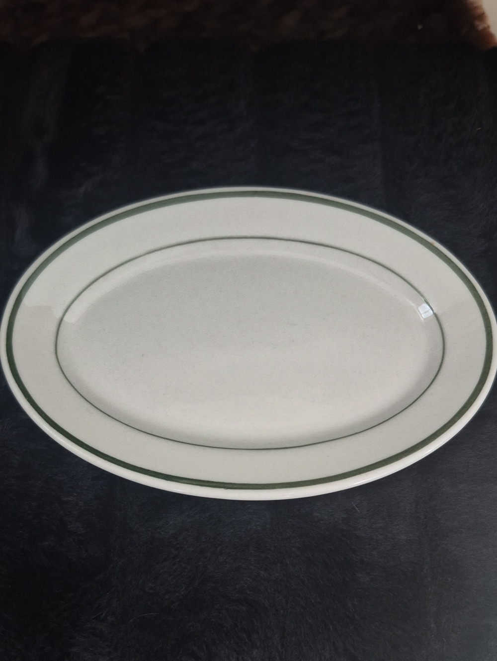 Oval White Ceramic Serving Platter with Green Double Rim.  Small Soap Dish Etc.